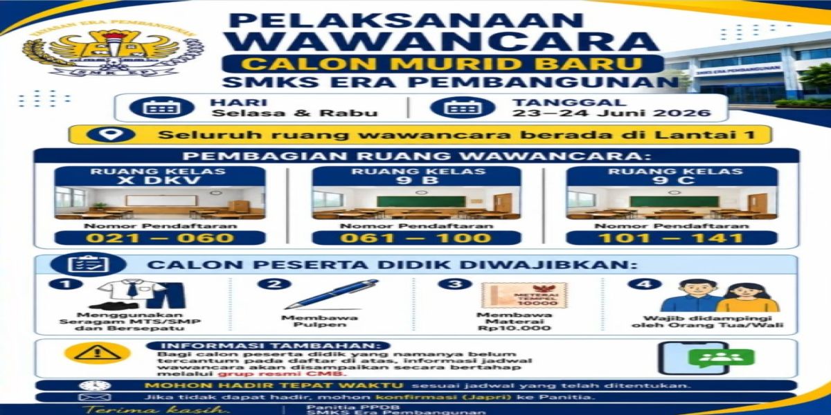 Informasi agenda Pelaksanaan  Wawancara SMK SMP Era Pembangunan III