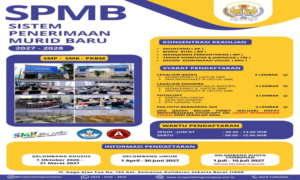 INFORMASI PEMBUKAAN PENDAFTARAN SISTEM PENERIMAAN MURID BARU (SPMB) T.A. 2027 / 2028  SMP ERA PEMBANGUNAN III SMK ERA PEMBANGUNAN  PKBM ERA PRATAMA MANDIRI  KONSENTRASI KEAHLIAN -AKUNTANSI (AK) -BISNI - Foto 1